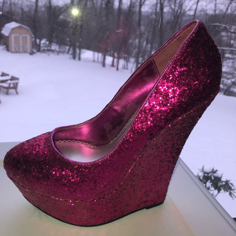 Bebe Omega Fuchsia Glitter Wedge Heel - Picture 3 of 4